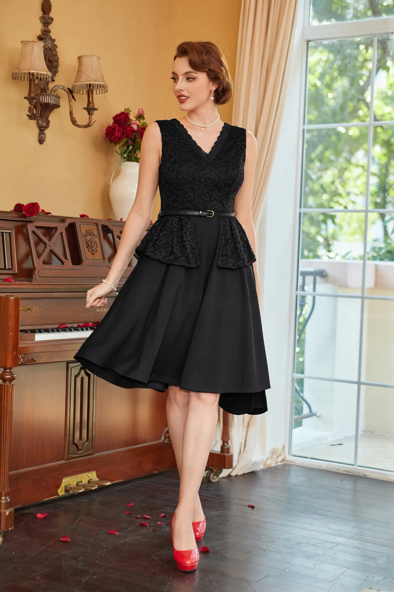 A Line Dresses for Women Lace Patchwork Sleeveless Flared Vintage Dress with Belt