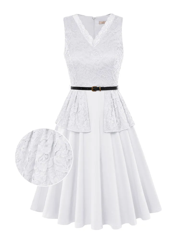 A Line Dresses for Women Lace Patchwork Sleeveless Flared Vintage Dress with Belt