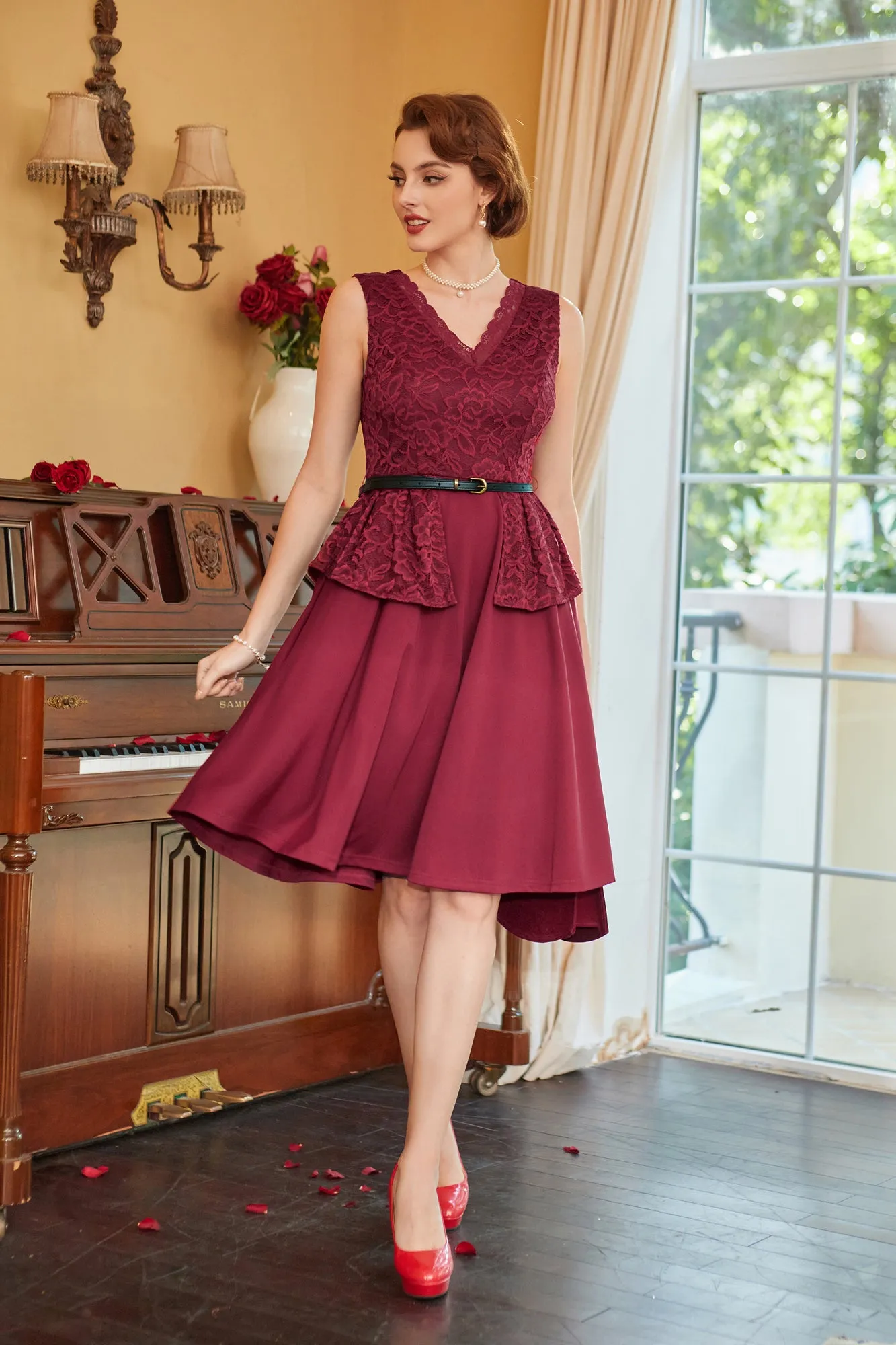 A Line Dresses for Women Lace Patchwork Sleeveless Flared Vintage Dress with Belt