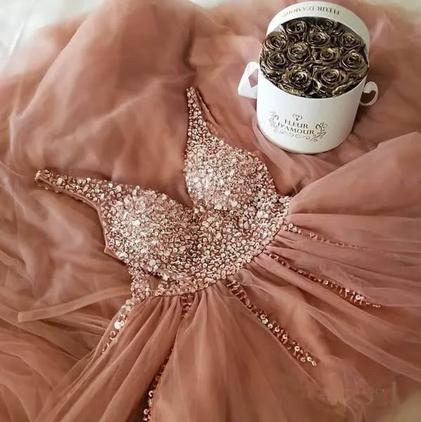 A Line Dusty Rose Long Tulle Prom Dresses Sequins Shiny Bodice V Neck Formal Dress JS425