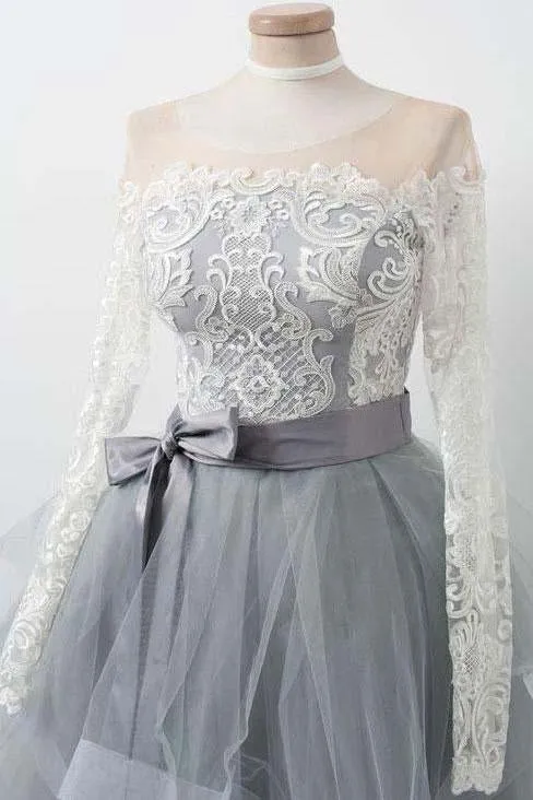 A Line Gray Long Sleeve Scoop Lace Appliques Homecoming Dresses with Belt Prom Dress H1055