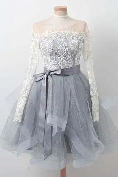 A Line Gray Long Sleeve Scoop Lace Appliques Homecoming Dresses with Belt Prom Dress