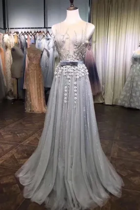 A Line Grey Tulle Beads 3D Flowers Round Neck Long Prom Dresses with Belt SJS15000