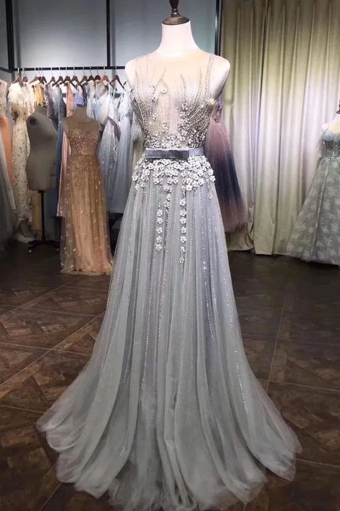 A Line Grey Tulle Beads 3D Flowers Round Neck Long Prom Dresses with Belt SJS15000