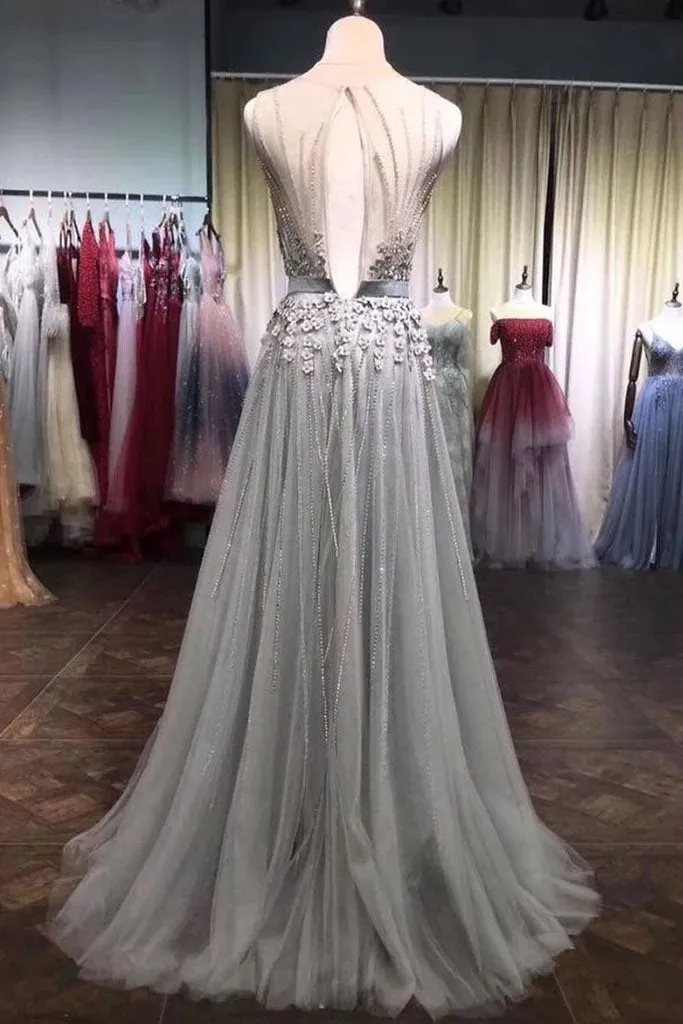 A Line Grey Tulle Beads 3D Flowers Round Neck Long Prom Dresses with Belt SJS15000