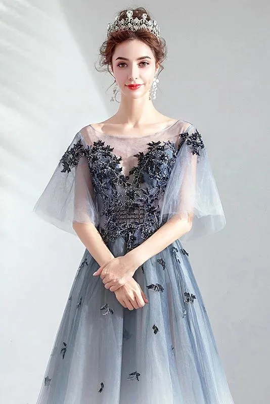 A Line Half Sleeves Tulle Long Ombre Prom Dress with Appliques Blue Evening Dresses SJS15001