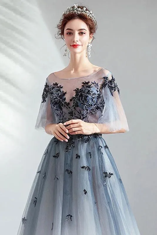 A Line Half Sleeves Tulle Long Ombre Prom Dress with Appliques Blue Evening Dresses SJS15001