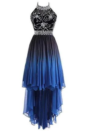 A Line Halter Beaded Blue High Low Chiffon Ombre Lace up Long Prom Dresses uk JS303