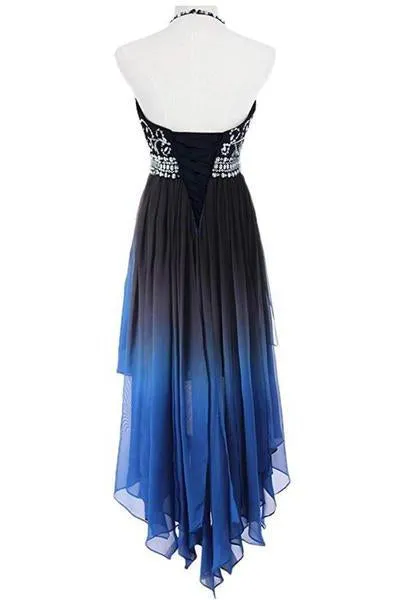 A Line Halter Beaded Blue High Low Chiffon Ombre Lace up Long Prom Dresses uk JS303