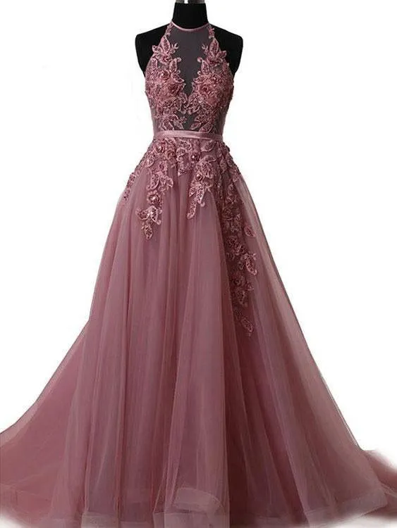 A Line Halter Lace Appliqued See-through Long Beads Lace up Tulle Backless Prom Dresses JS632