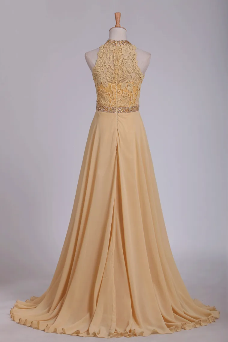 A Line High Neck Prom Dresses Chiffon & Lace With Beads Sweep Train