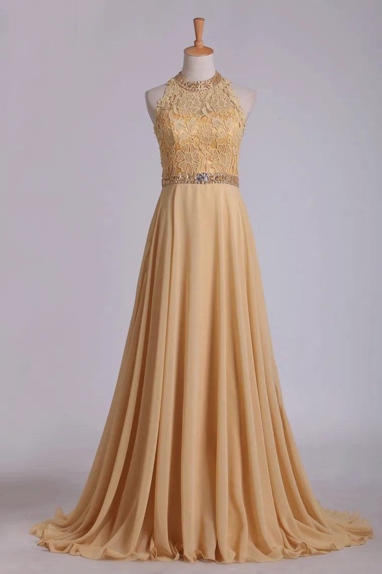 A Line High Neck Prom Dresses Chiffon & Lace With Beads Sweep Train