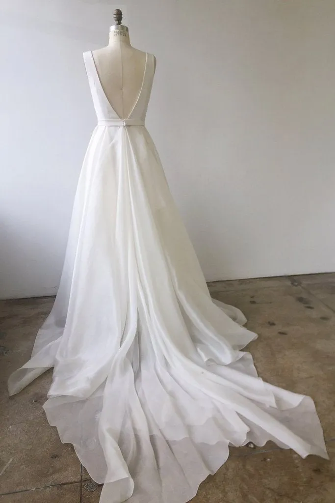 A Line Ivory Chiffon Long Gowns V Neck Straps V Back Beach Wedding Dresses