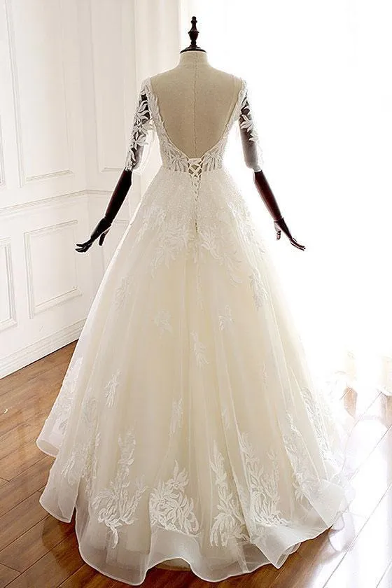 A Line Ivory V Neck Tulle Lace Half Sleeve Organza Long Prom Dresses Wedding Dress UK JS226