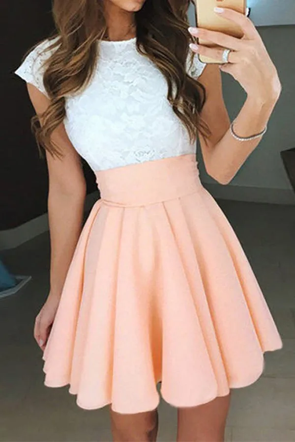 A Line Jewel Neck Capped Sleeve Keyhole Back Appliques Short Homecoming Dresses