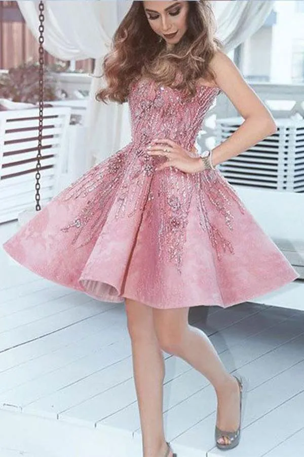 A Line Pink V Neck Lace Beads Satin Knee Length Short Prom Dresses Homecoming Dress