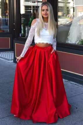 A Line Red and White Long Sleeve Satin Two Piece Prom Dresses with Pockets