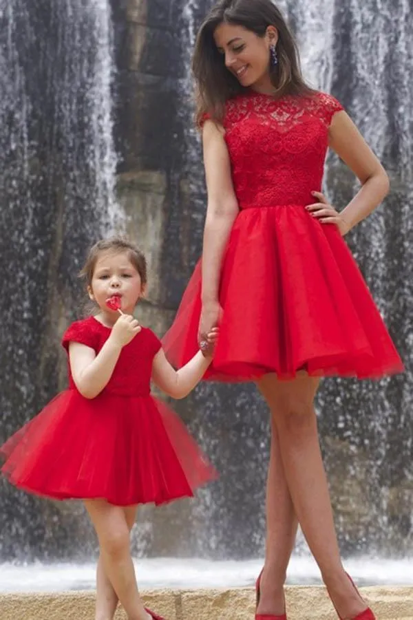 A line Red Cap Sleeves Tulle Lace High Neck Above Knee Open Back Homecoming Dresses