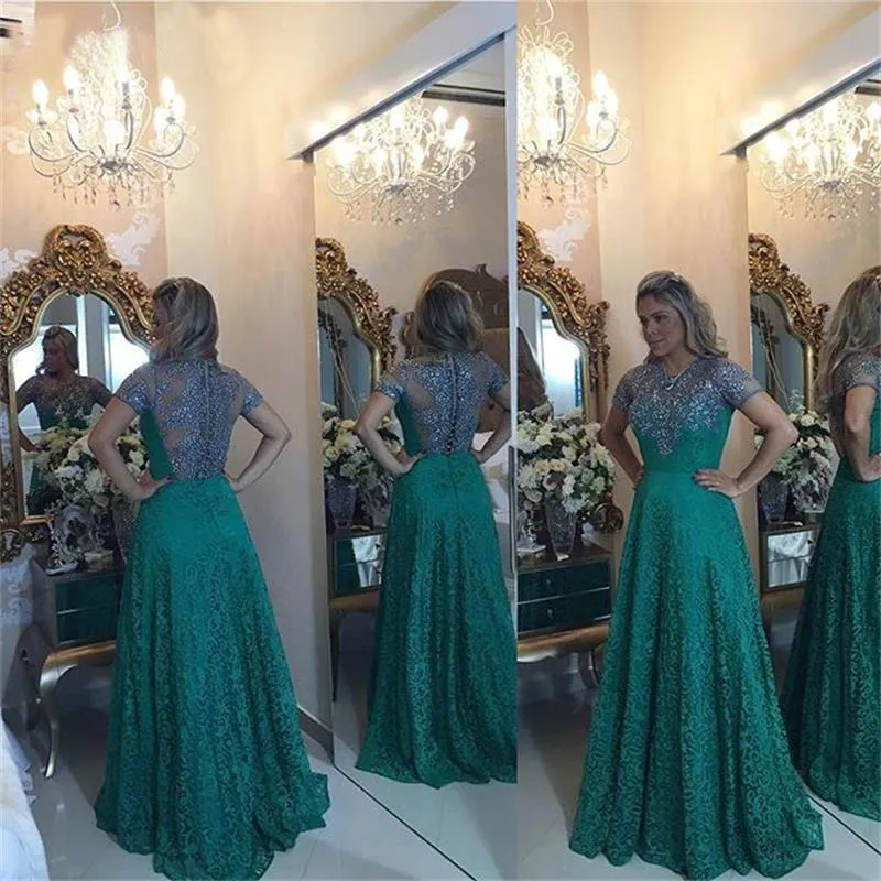 A Line Short Sleeve Green Lace Appliques Beads Prom Dresses Floor Length Evening Dress