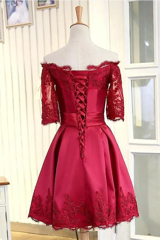 A Line Short Sleeves Satin Lace Appliques Lace up Scoop Short Prom Dress Homecoming Dresses