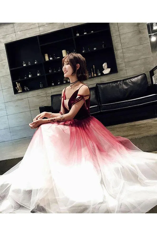 A Line Spaghetti Straps Ombre Long Tulle Prom Dresses, Burgundy V Neck Evening Dress STK15029