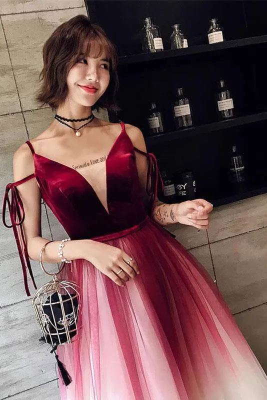 A Line Spaghetti Straps Ombre Long Tulle Prom Dresses, Burgundy V Neck Evening Dress STK15029