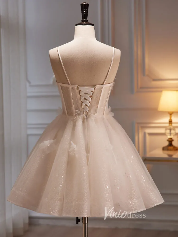 A-line Tulle Short Graduation Dresses 3D Flower Homecoming Dress Spaghetti Strap SD1612