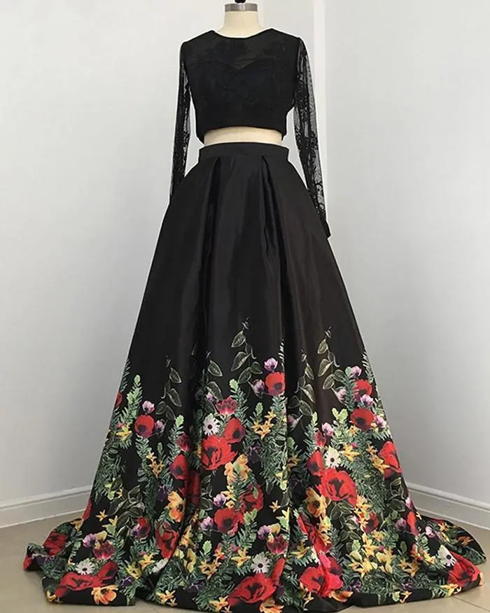 A line Two Piece Black Long Sleeve Prom Dress With Floral Print Skirt Evening Dresses