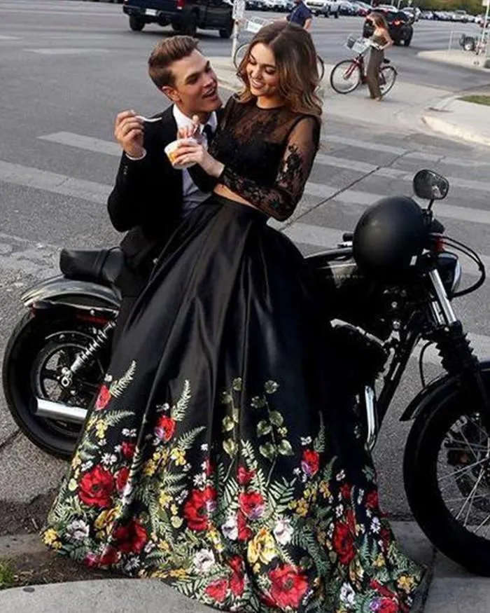 A line Two Piece Black Long Sleeve Prom Dress With Floral Print Skirt Evening Dresses