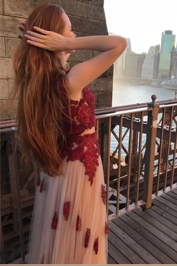 A-Line Two pieces Red Lace Tulle High Neck Cap Sleeve Applique Junior Elegant Prom Dresses