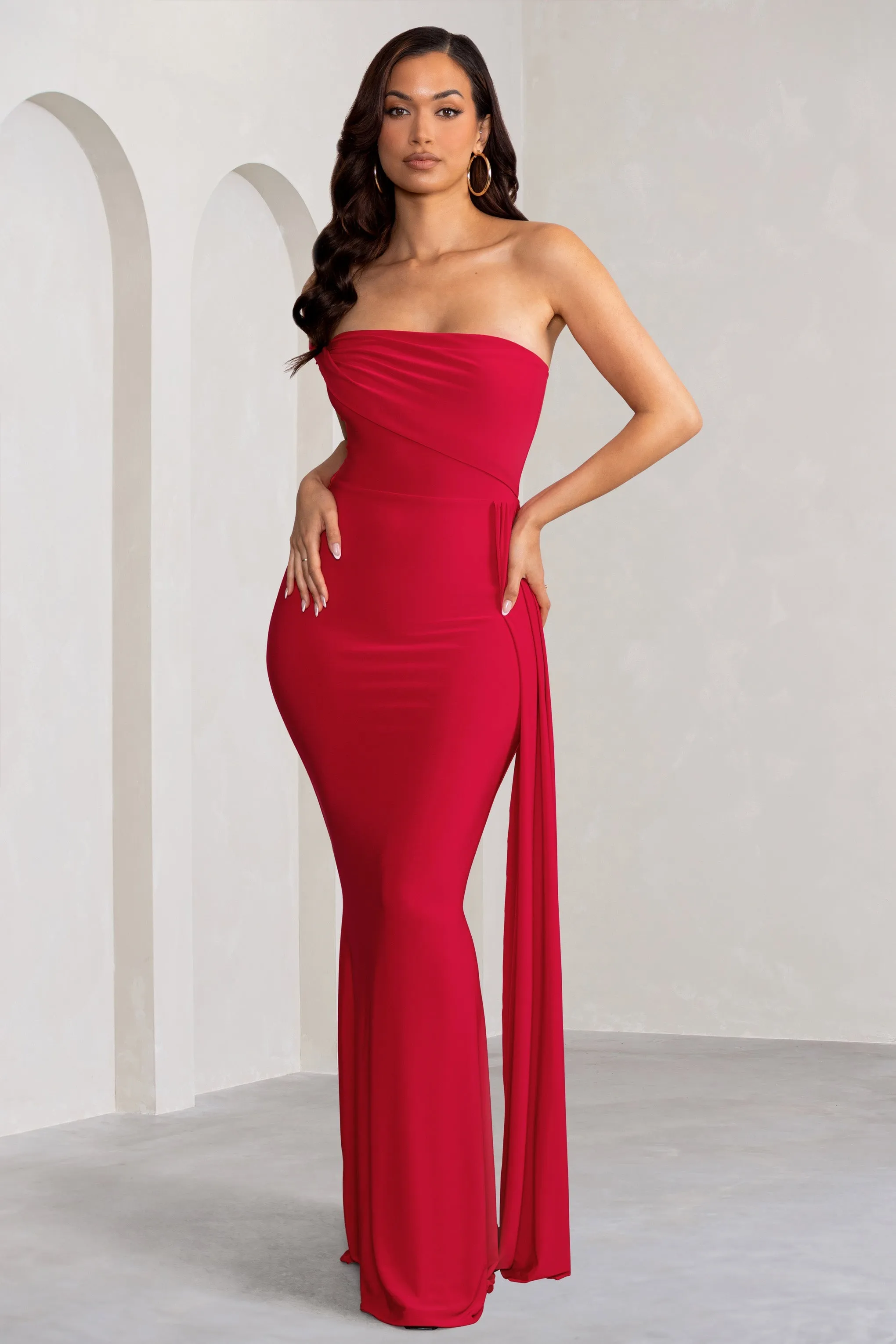 Aaliyah | Red Asymmetric Bardot Maxi Dress with Drape