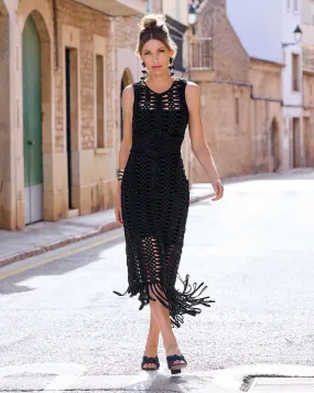 All Over Macrame Fringe Dress Black