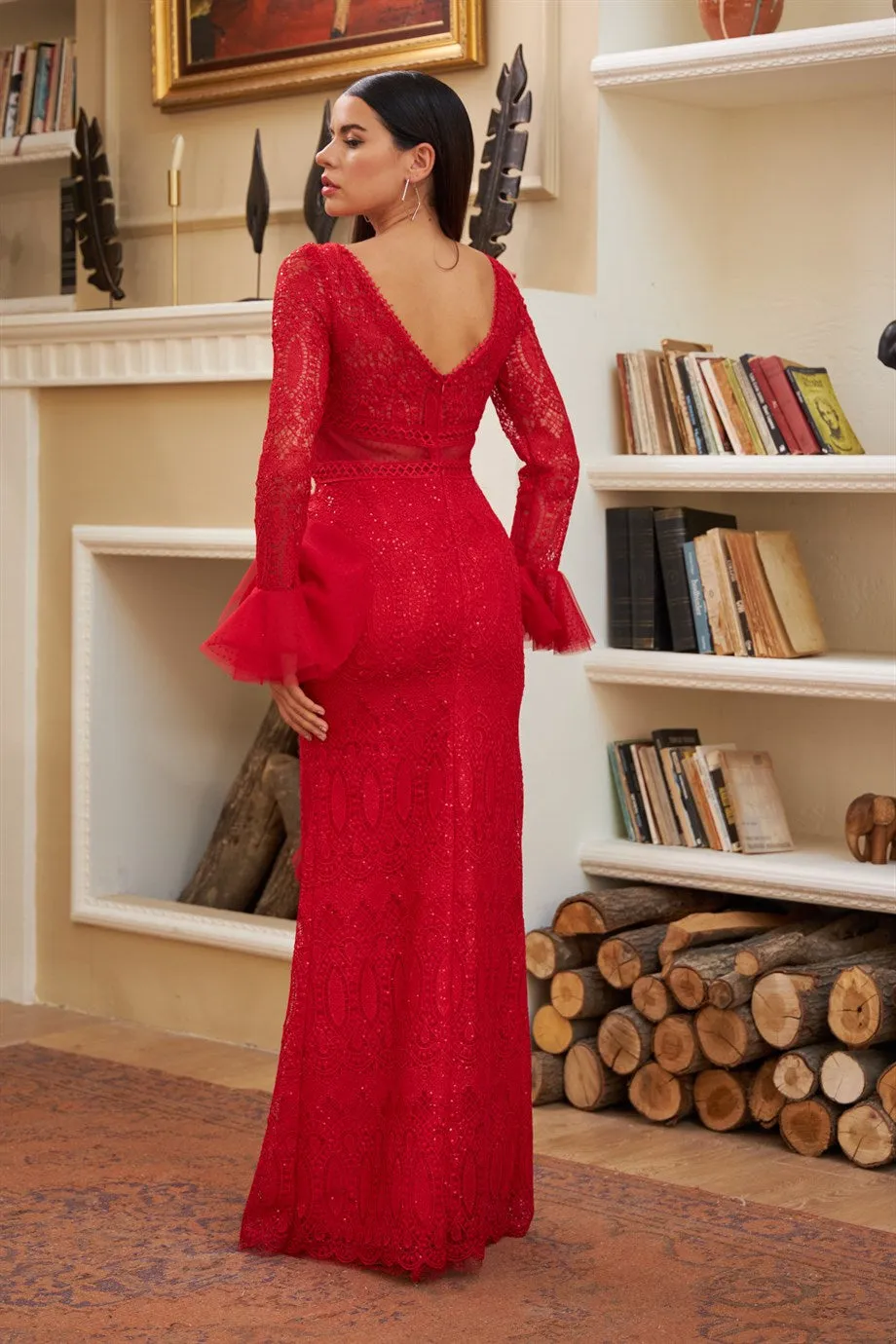 Angelino Red Brode Lace Arms Volan Long Evening Dress