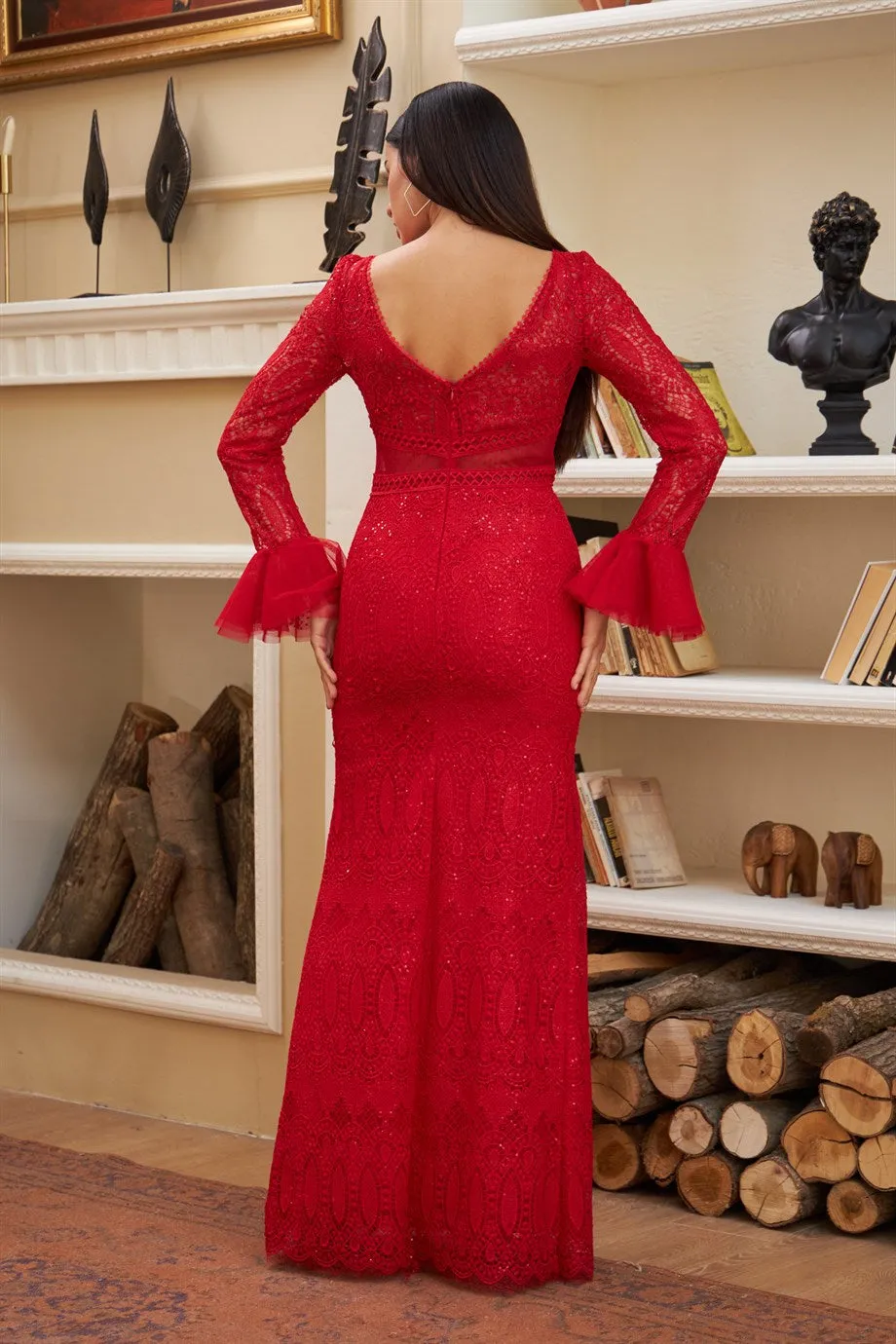 Angelino Red Brode Lace Arms Volan Long Evening Dress