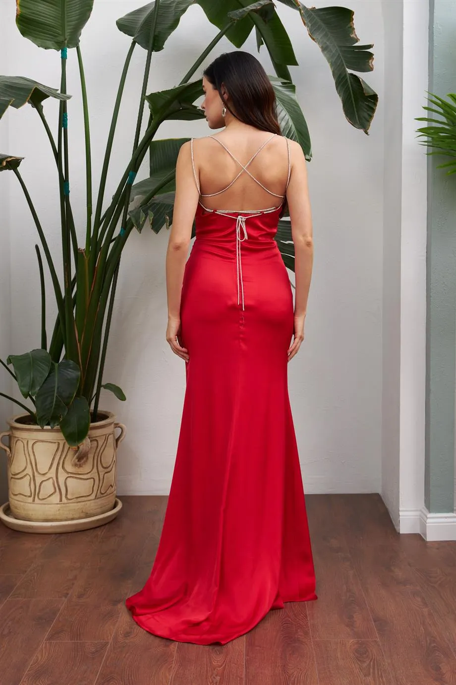 Angelino Red Satin Stone Strap Long Evening Dress