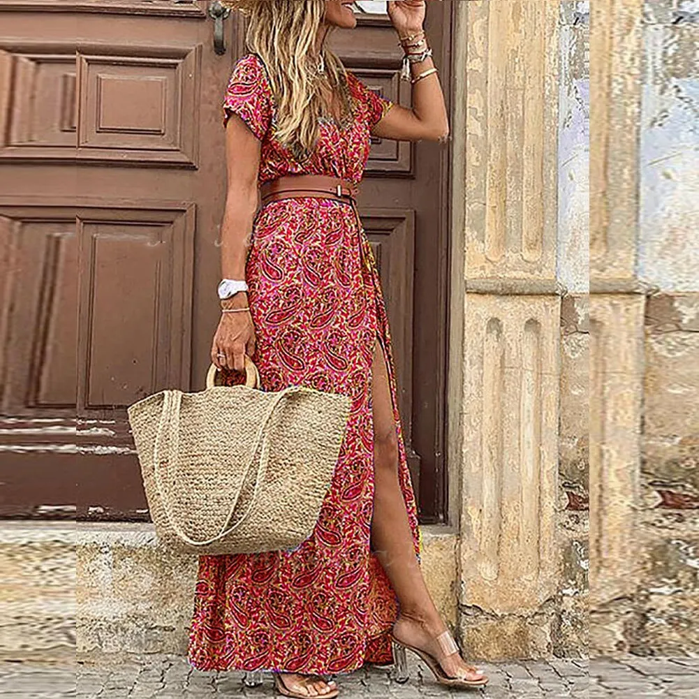 Ashore Shop Womens Boho Long Dress Fashion Paisley Print  V Neck Short Sleeve Dresses Summer Belt Large Hem Beach Dress Elegant Slit Skirt