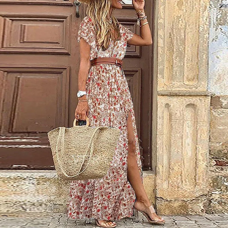 Ashore Shop Womens Boho Long Dress Fashion Paisley Print  V Neck Short Sleeve Dresses Summer Belt Large Hem Beach Dress Elegant Slit Skirt