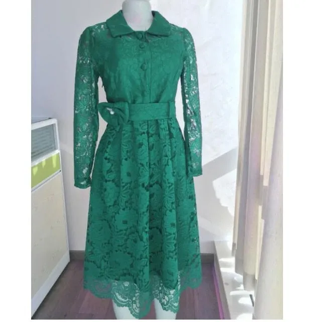 Autumn 2021 African Women lace Kness Length dresses Long Sleeve Slim Elegant Evening Party