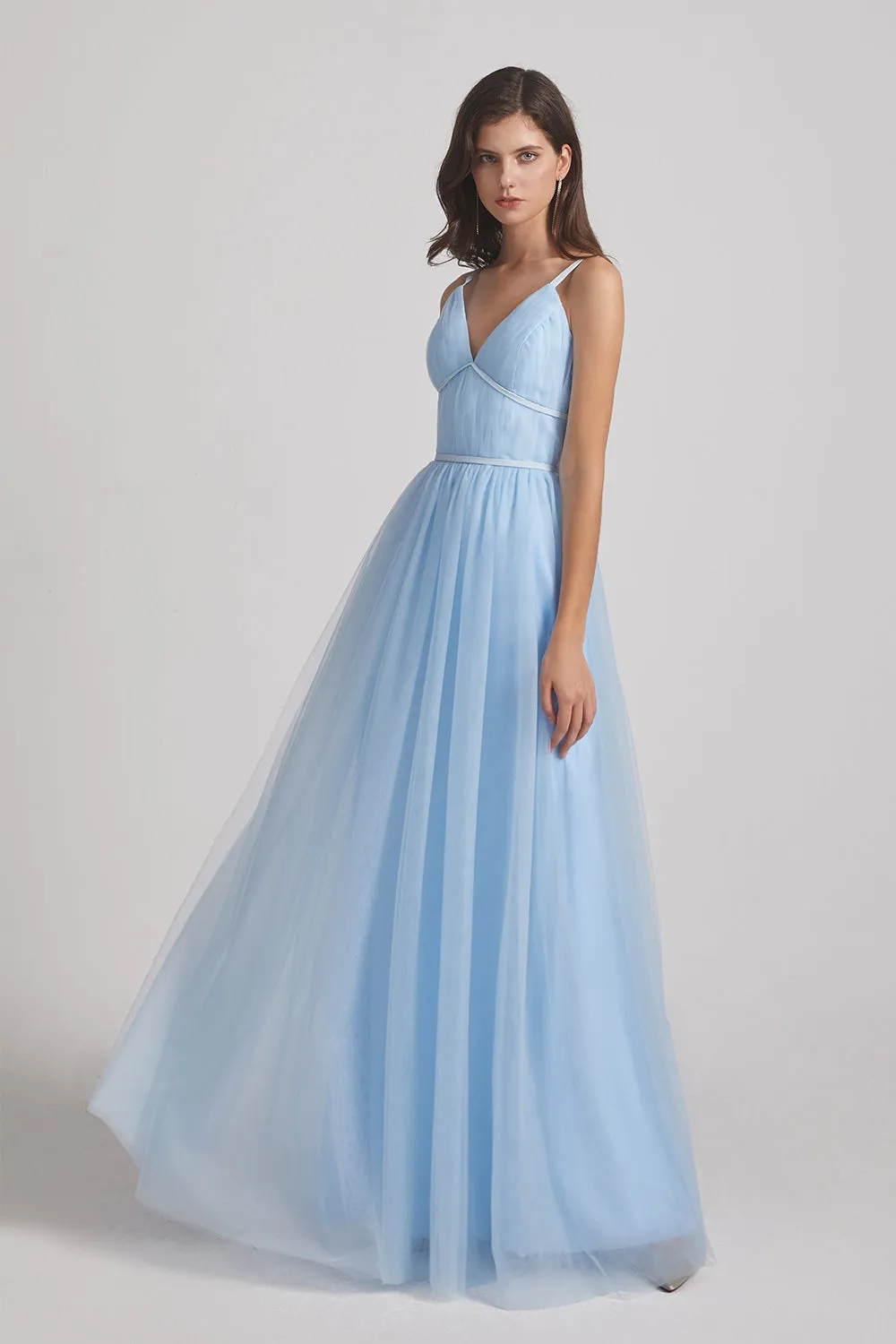 Backless Tulle V-Neck Spaghetti Straps A-Line Blue Bridesmaid Dresses (AF0042)