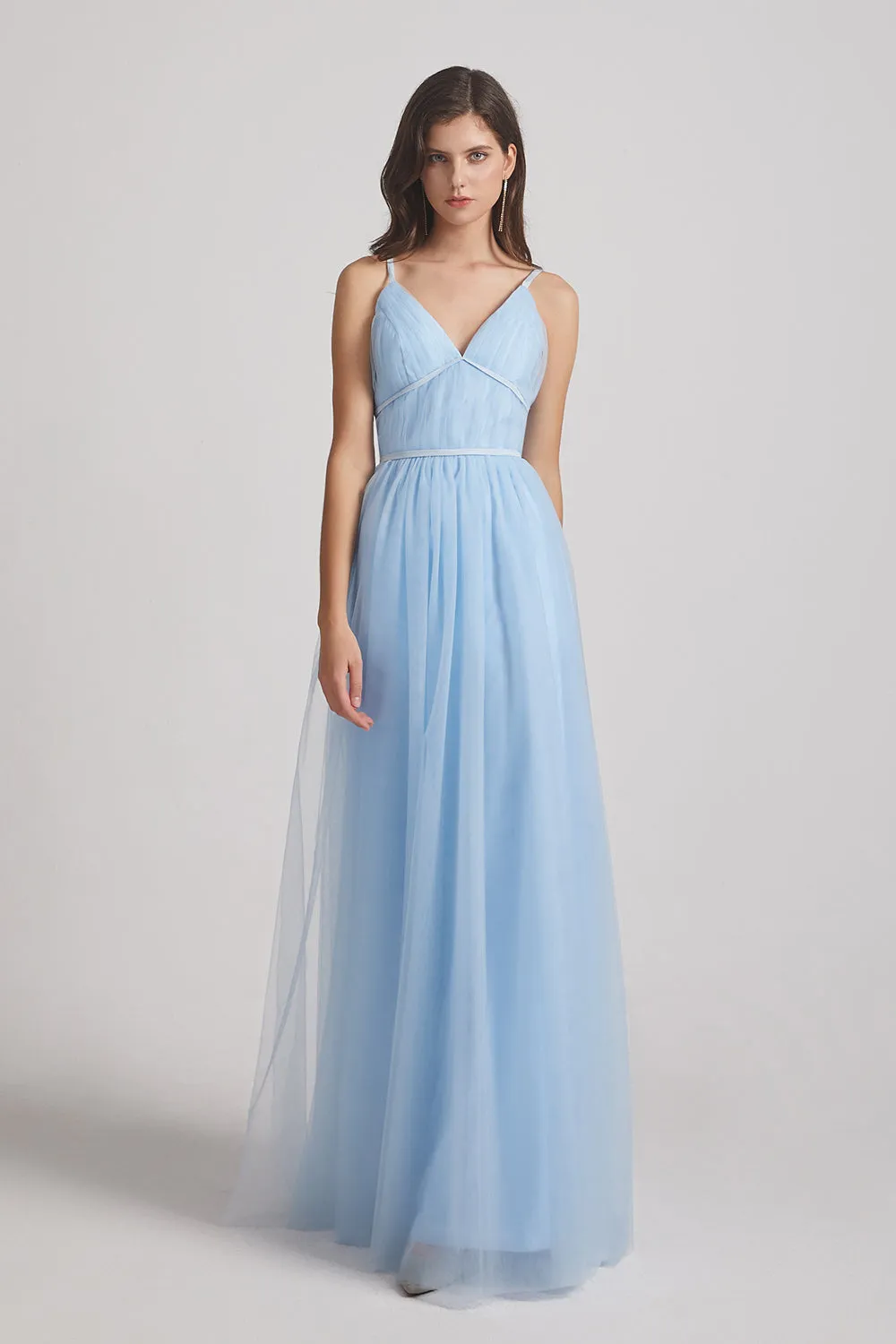 Backless Tulle V-Neck Spaghetti Straps A-Line Blue Bridesmaid Dresses (AF0042)