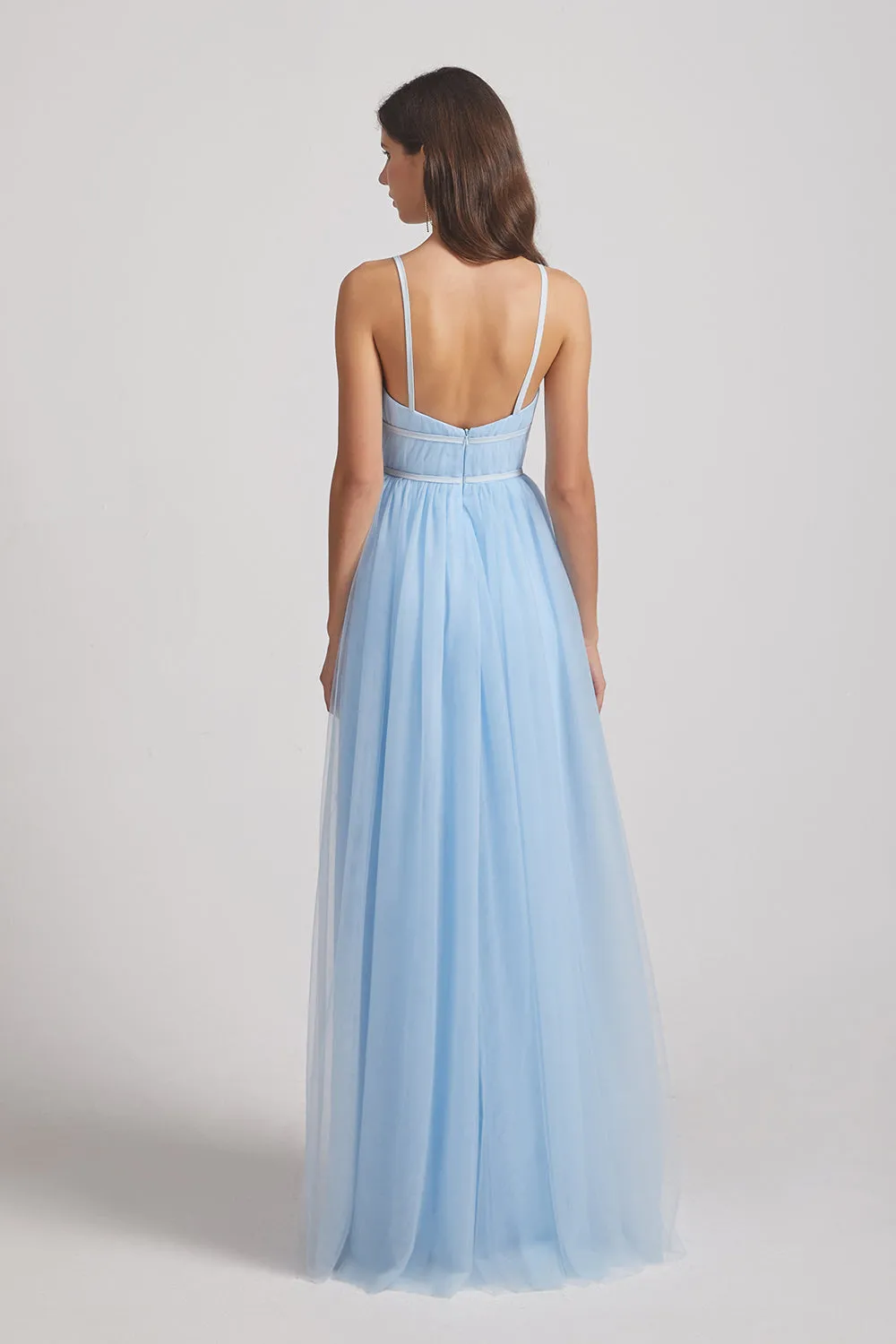 Backless Tulle V-Neck Spaghetti Straps A-Line Blue Bridesmaid Dresses (AF0042)