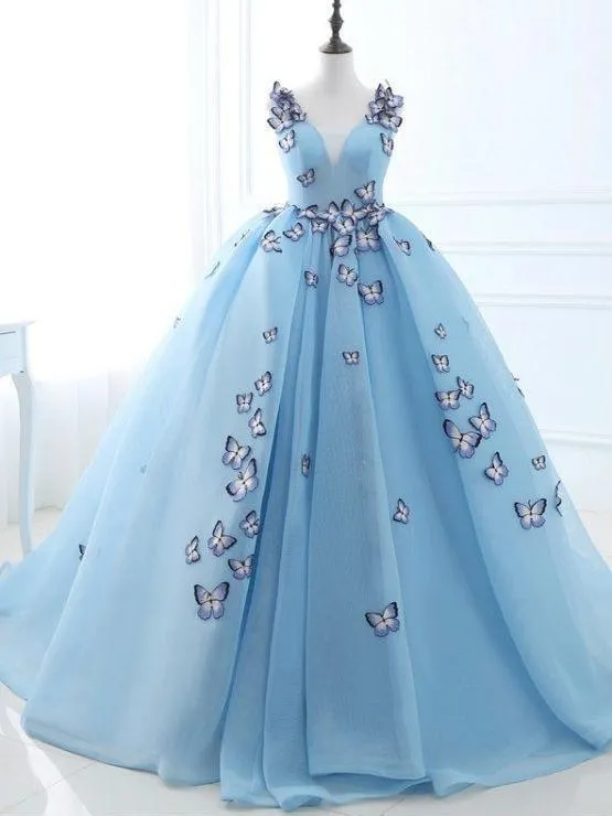 Ball Gown Long Sky Blue Butterfly V Neck Appliques Lace up Prom Quinceanera Dresses