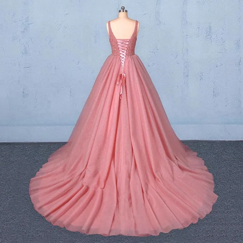 Ball Gown V Neck Tulle Prom Dress with Beads, Puffy Pink Sleeveless Quinceanera Dresses STK15074