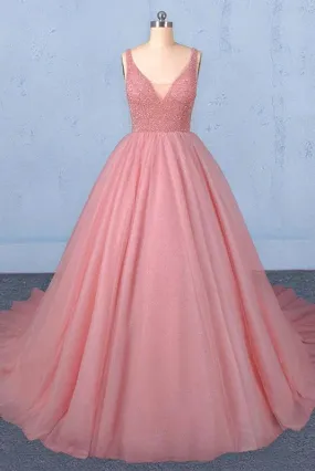 Ball Gown V Neck Tulle Prom Dress with Beads, Puffy Pink Sleeveless Quinceanera Dresses STK15074