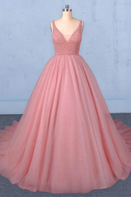 Ball Gown V Neck Tulle Prom Dress with Beads, Puffy Pink Sleeveless Quinceanera Dresses STK15074