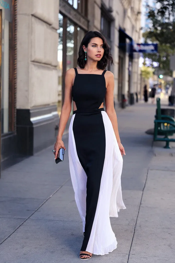 Black & White Side Pleated Maxi Dress