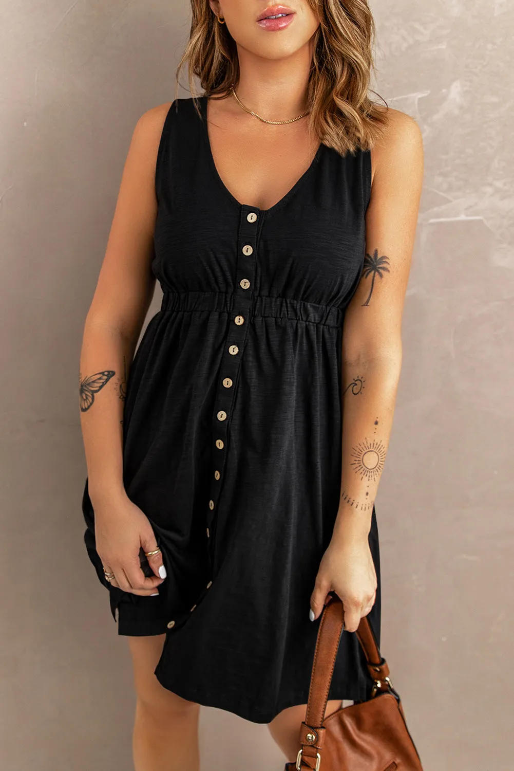 Black Buttons High Waist Mini Dress