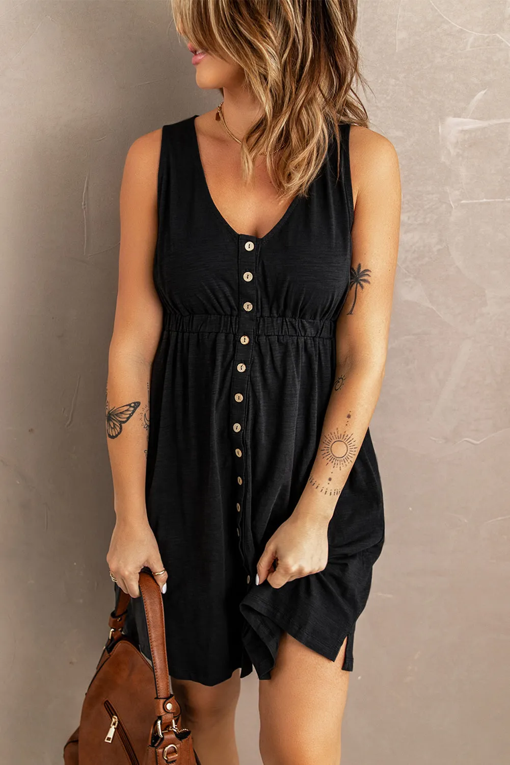 Black Buttons High Waist Mini Dress