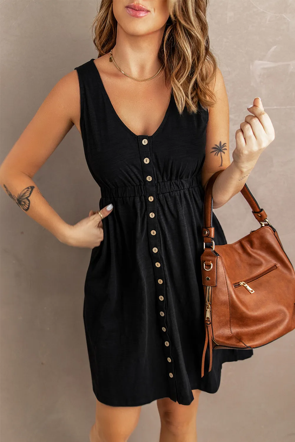 Black Buttons High Waist Mini Dress