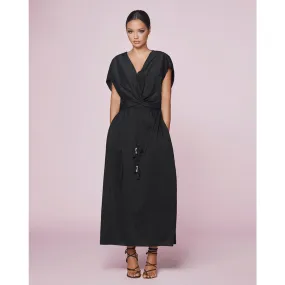 Black Cotton Faux Wrap Day Dress